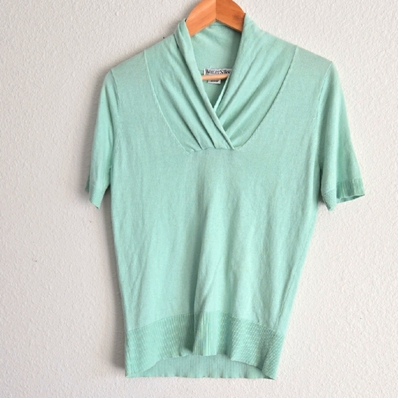 WinterSilks Light Green Silk-Cashmere Blend Short Sleeve Spring Top - Picture 1 of 8
